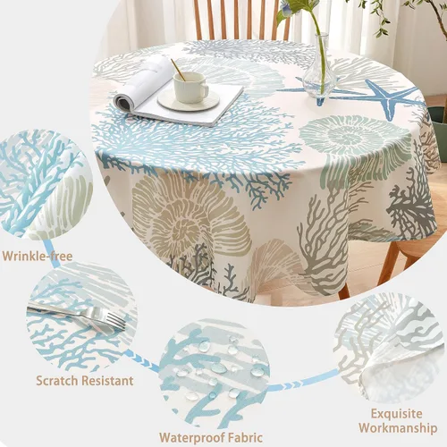 Vista 3 de Mantel redondo náutico costero de 60 pulgadas – Mantel con estampado de océano de playa, impermeable, resistente a las manchas, sin arrugas