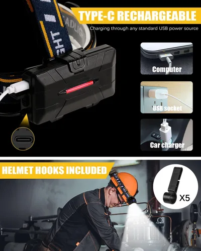 Vista 5 de Linterna frontal recargable, linterna frontal LED de 8 LED 18000 lúmenes 8 modos con luces blancas y rojas cable USB, lámpara de cabeza impermeable