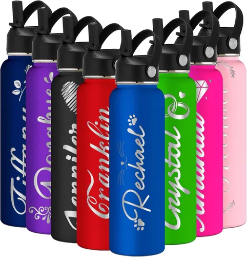 Vista 14 de Botella de agua grabada personalizada aislada con pajilla, botella de agua deportiva personalizada con nombre, botella de agua de acero inoxidable