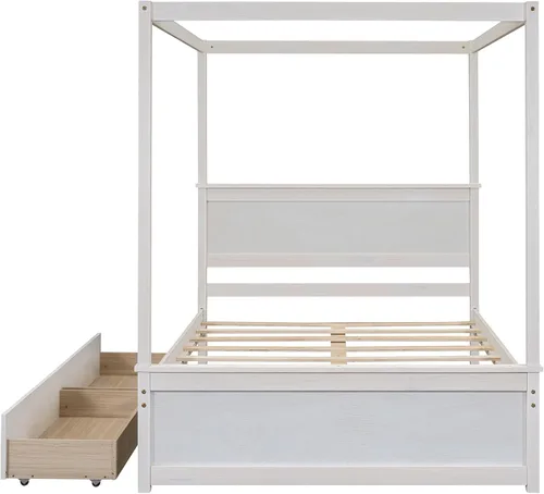 Vista 7 de Cama de plataforma de tamaño matrimonial, cama con dosel de madera con 2 cajones, cama de plataforma con dosel de tamaño matrimonial con listones