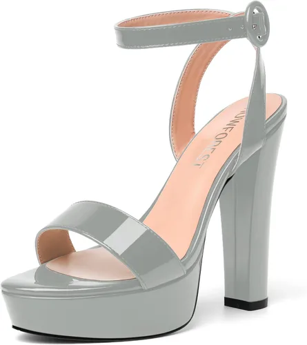Vista 18 de SHOWFOREST Sandalias de tacón alto para mujer, con hebilla de plataforma y hebilla de charol y correa de tobillo de bloque sólido, 5 pulgadas Beige