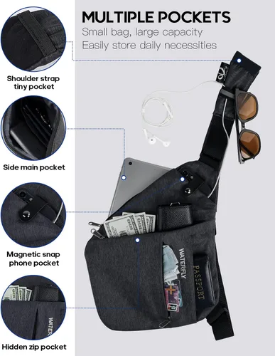 Vista 4 de WATERFLY Bolso bandolera bandolera con eslinga bolsa cruzada delgada antirrobo mochila sobre el hombro paquete lateral sigiloso para hombre y mujer