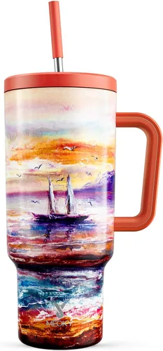 Vista 21 de Meoky - Vaso de 30 oz con asa, tapa y pajilla, taza de viaje térmica de acero inoxidable 100% a prueba de fugas, para portavasos, mantiene el frío