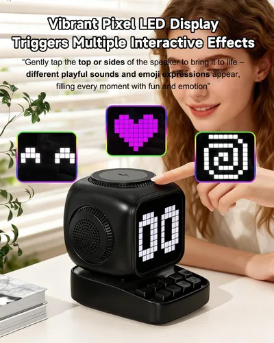 Vista 5 de Altavoz Bluetooth 5 en 1 de robot retro: cargador inalámbrico de 15 W, pantalla LED de píxeles, sonido estéreo de 10 W y 15 ruido blanco, reloj Negro