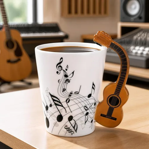 Vista 4 de Taza de guitarra acústica de 13.5 onzas, taza de té y café para guitarristas Mango de guitarra acústica 3D, diseño de personal de música, uso