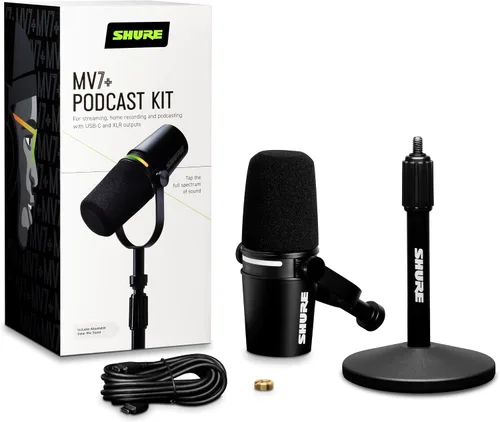 Vista 2 de Shure MV7+ - Micrófono dinámico para podcast con soporte, certificado OBS, audio mejorado, panel LED, salidas USB-C y XLR, modo de nivel automático