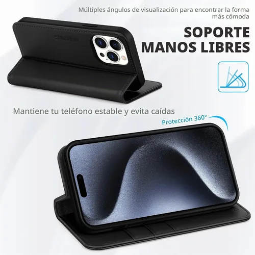 Vista 4 de SHIELDON Funda tipo cartera de piel auténtica para iPhone 15 Pro de 6.1