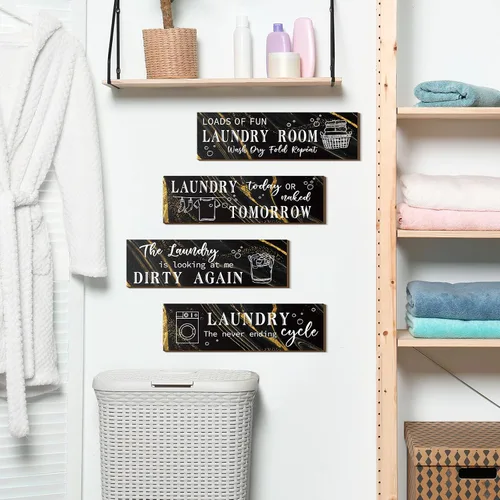 Vista 4 de Yulejo 4 piezas de decoración de pared para cuarto de servicio, divertido letrero de madera con citas humorísticas, decoración rústica de granja
