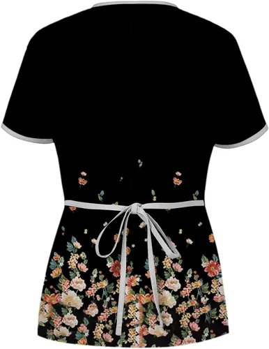 Vista 2 de Ropa de trabajo con estampado floral o animal para mujer, con lazo en la espalda, manga corta, cuello en V, con bolsillos, tallas S-5XL
