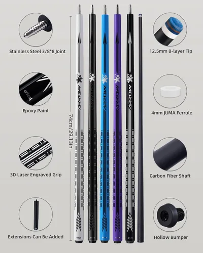 Vista 2 de CRICAL Carbon Fiber Pool Cue Stick, Pro Taper Shaft Low Deflection