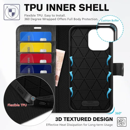 Vista 5 de Funda tipo billetera TUCCH para iPhone 14 Pro Max de 6.7", con bloqueo RFID, soporte para 4 tarjetas [carcasa interior de TPU a prueba de golpes]