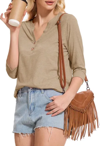 Vista 7 de Dimur Camisetas de manga 3/4 con cuello en V y botones para mujer, traje casual de negocios, camiseta básica de verano 2025