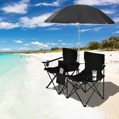Vista 2 de Goplus Sillas de camping dobles con paraguas, enfriador para patio de playa Negro