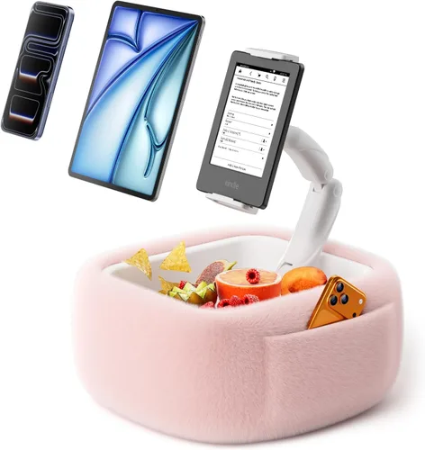 Vista 13 de LULULOOK Soporte de almohada Kindle ultra esponjoso para leer, soporte de almohada para tableta con cuenco de aperitivos y brazo plegable compatible