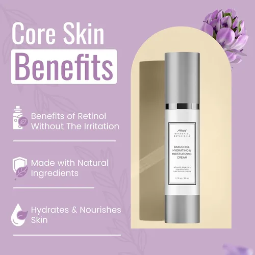Vista 4 de Bakuchiol - Crema hidratante de 1.7 onzas, alternativa al retinol, ingredientes derivados de plantas naturales, bakuchiol y escualano, aloe, ácido