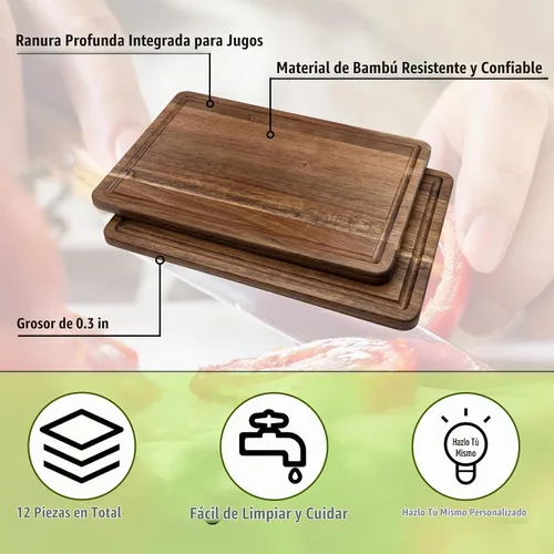 Vista 3 de Patelai Paquete de 12 tablas de cortar lisas de cocina a granel, madera de acacia, 12 x 8 pulgadas