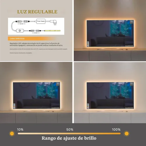 Vista 7 de Pandery Tira de LED COB, Tira de Luces LED 1M/3.28ft, Tiras LED Regulables por Toque, CRI90+, Luz COB LED Blanca Cálida 2700K, 960LEDs, Tira