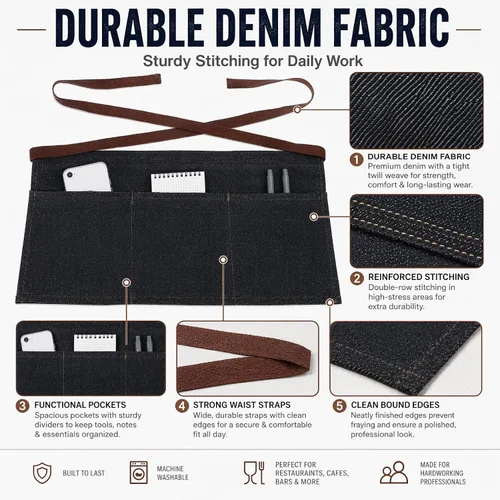 Vista 5 de Toyvian Durable Denim Waist Apron with 3 Pockets Unisex, Short Half Server Apron for Waiter Waitress, Bar, Cafe & Kitchen