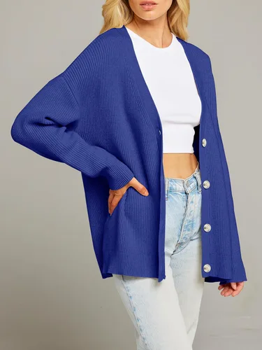 Vista 2 de MEROKEETY Suéteres tipo cárdigan para mujer 2023 para otoño, frente abierto, botones de gran tamaño, cuello en V, suelto, tejido suave