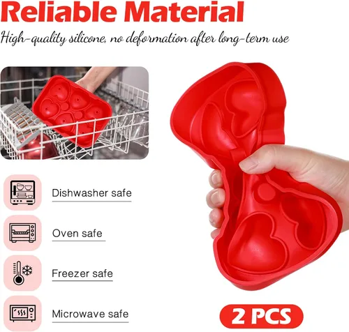 Vista 4 de Domensi 2 moldes grandes de hielo en forma de corazón 3D reutilizables de silicona con 6 formas de corazón para bricolaje, chocolate, dulces, Rojo