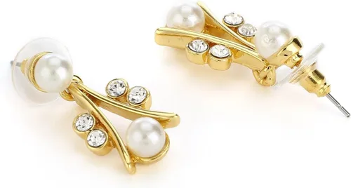 Vista 6 de Slaksworld Exquisito juego de collar de perlas blancas y circonitas cúbicas bañadas en tono dorado con aretes para mujeres y niñas. El juego