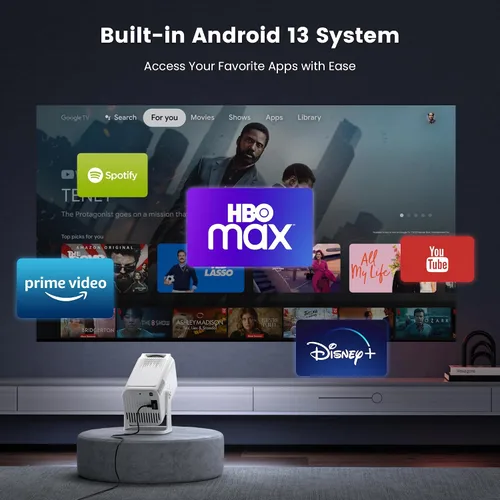 Vista 2 de [Aplicaciones integradas] Mini proyector 4K con WiFi y Bluetooth, proyector de película portátil inteligente Native 1080P con soporte giratorio