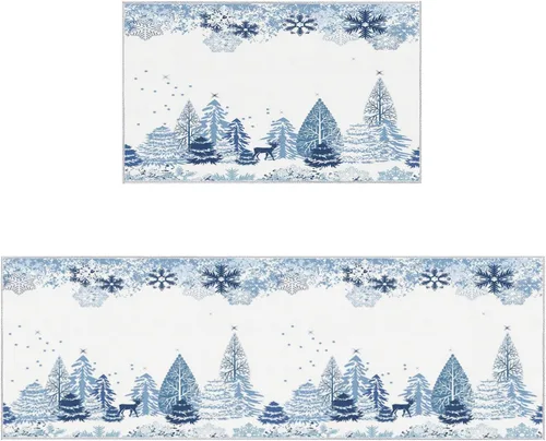 Vista 2 de Libaoge Juego de 2 alfombras y tapetes de cocina de invierno de Navidad para Año Nuevo, diseño abstracto de copo de nieve, alce azul, tapete