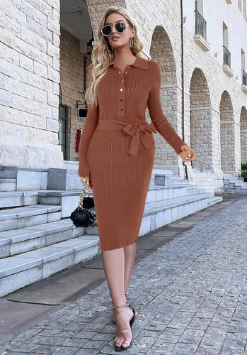 Vista 5 de Lynwitkui Vestido de suéter acanalado de manga larga con cuello en V para mujer, con botones y lazo en la cintura