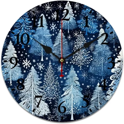 Vista 16 de Reloj de madera con árboles de Navidad y copos de nieve, reloj de pared redondo azul para interiores, funciona con pilas, silencioso, sin ruido