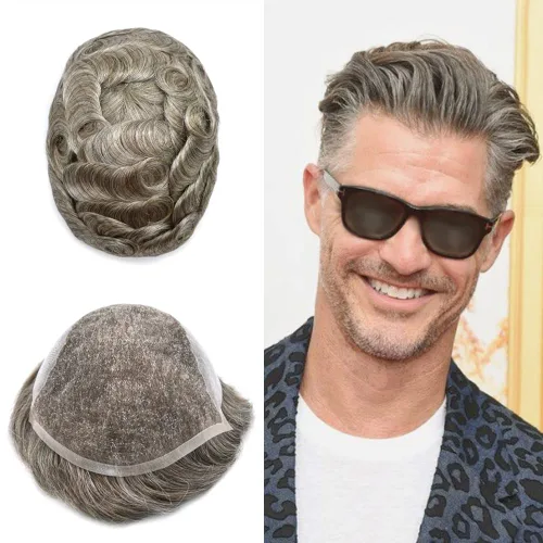 Vista 69 de Mens Toupee Swiss Lace Mens Hair Piece Sistema de reemplazo de cabello para hombres Toupee para hombres Cabello humano nudo blanqueado protesis