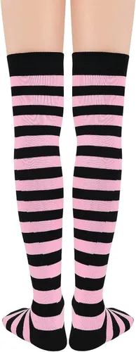 Vista 4 de Century Star Calcetines altos hasta el muslo extra largos por encima de la rodilla, calcetines a rayas para mujeres, medias de atleta, calentador