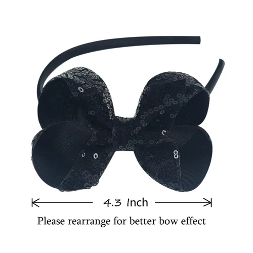 Vista 3 de Diademas con lazo para el pelo con lentejuelas brillantes, lazos de cinta para niñas, niños y mujeres (negro)