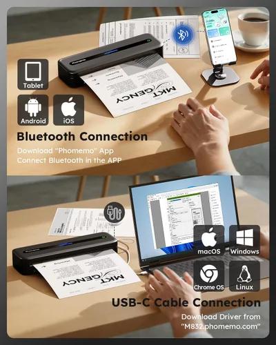 Vista 3 de Phomemo Impresoras Portátiles Inalámbricas para Viajes, M832 Impresora Térmica Bluetooth Sin Tinta Compatible con 8.5'' x 11'' Carta de EE.UU.
