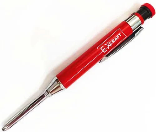 Vista 6 de Lápiz de carpintero mecánico de metal EXcraft rojo con agujero profundo con sacapuntas integrado para arquitecto, construcción, carpintería