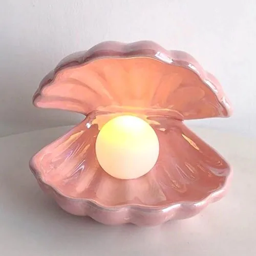Vista 3 de Koolouispoper Ins Lámpara de noche de concha de cerámica de estilo japonés con perlas de sirena para decoración del hogar, regalo de Navidad (rosa)