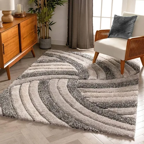 Vista 10 de Tapete peludo de felpa suave con textura en 3D, diseño de rayas geométricas, color azul y gris, grueso y suave