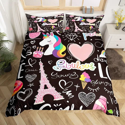 Vista 35 de Juego de funda de edredón de dibujos animados con lazo, tamaño individual, juego de ropa de cama a cuadros geométricos coloridos, decoración