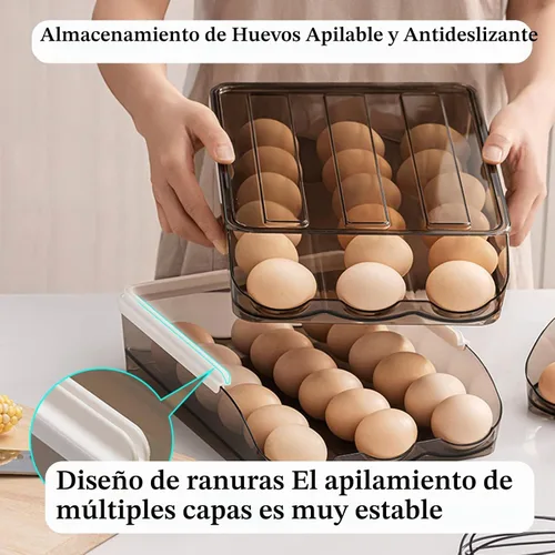Vista 3 de Soporte para huevos para refrigerador, organizador de desplazamiento automático, contenedor de almacenamiento apilable de plástico reutilizable