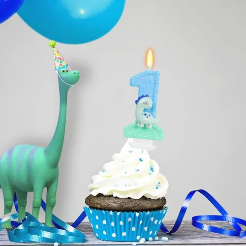 Vista 3 de Vela de dinosaurio azul número 1 para decoración de cumpleaños