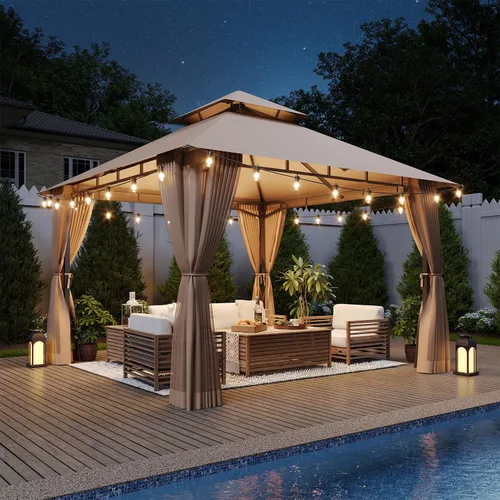 Vista 22 de Aoxun Gazebo de 8 x 8 con doble techo y mosquitera, tienda de campaña para exteriores de alta resistencia, tienda de campaña para patio
