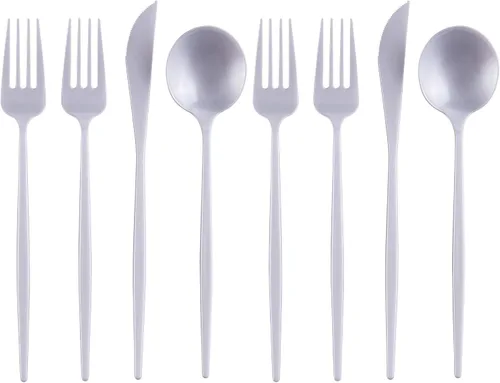 Vista 8 de Juego de cubiertos desechables de diseño moderno para vacaciones, juego de cubiertos de plástico para 24-24 cucharas de plástico, 24 cuchillos, 48