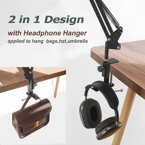 Vista 6 de Soporte de abrazadera de mesa para soporte de micrófono, abrazaderas de micrófono para escritorio con gancho para auriculares, abrazadera