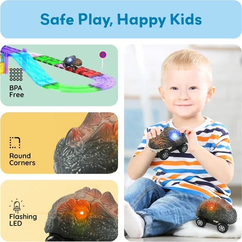 Vista 6 de PicassoTiles 2 piezas de camiones de pista de carreras Swift altamente detallados con dinosaurios en paquete al por mayor. Compatibles con kits