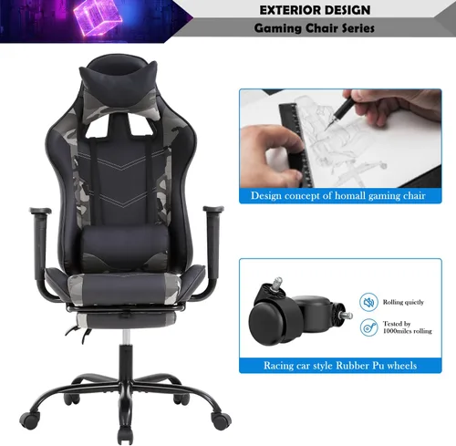 Vista 7 de Silla para videojuegos, silla reclinable de piel sintética con soporte lumbar, reposacabezas y respaldo alto, silla de oficina de carreras, silla