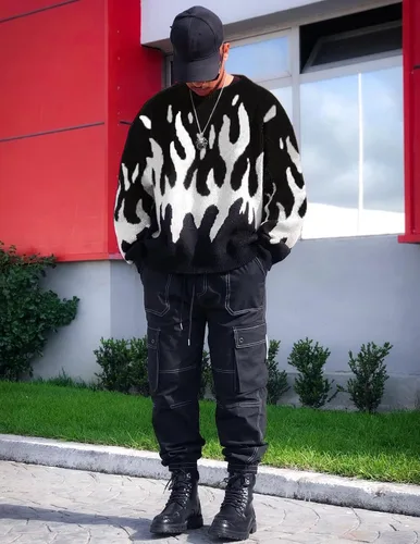Vista 118 de ZAFUL Y2K - Suéter casual con estampado de llama estética para hombre, suéter de punto holgado, manga larga, cuello redondo