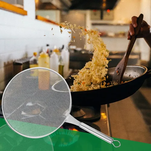 Vista 6 de FUOYLOO Pantalla de salpicaduras de aceite de acero inoxidable con mango cómodo, protector de grasa de malla fina para sartenes, sartenes de cocina