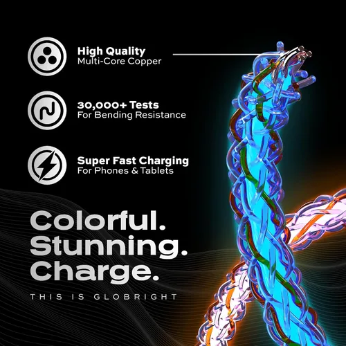 Vista 2 de Cable de carga LED trenzado GloBright Statik - Cable luminoso súper rápido de 100W, transferencia de datos, cable de carga para teléfono iluminado