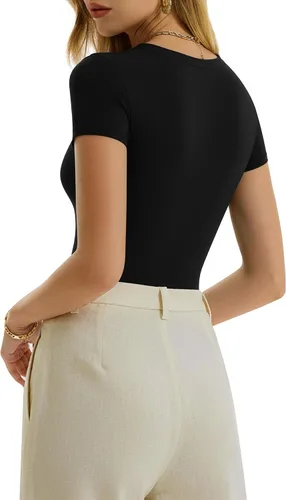 Vista 3 de MANGOPOP - Body de cuello redondo para mujer, manga corta y manga larga, camisetas ajustadas y básicas A1 Manga Corta Negro