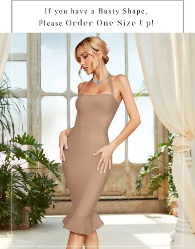 Vista 2 de houstil Vestido ajustado estilo halter con cuello en V y reborde para mujer para fiesta