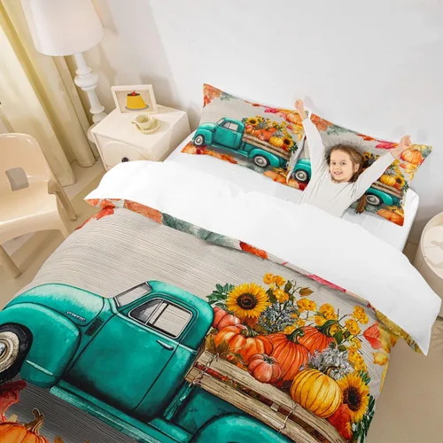 Vista 3 de Fall Harvest Kids Duvet Cover Set Twin Size,Cartoon Truck Pumpkin Sunflower Bedding Set,Boys Girls Bedroom Decor,Wooden Plank Maple Comforter